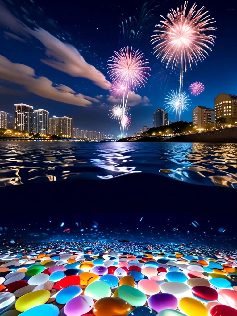 underwater illumination, deep water, ocean, sea, multicolored glass pebbles, transparent, glowing, reflection, sky, high sky, night, stream, cityscape, fireworks, (((from below))), <lora:glasspebblesunderwater_sdxl:0.8>