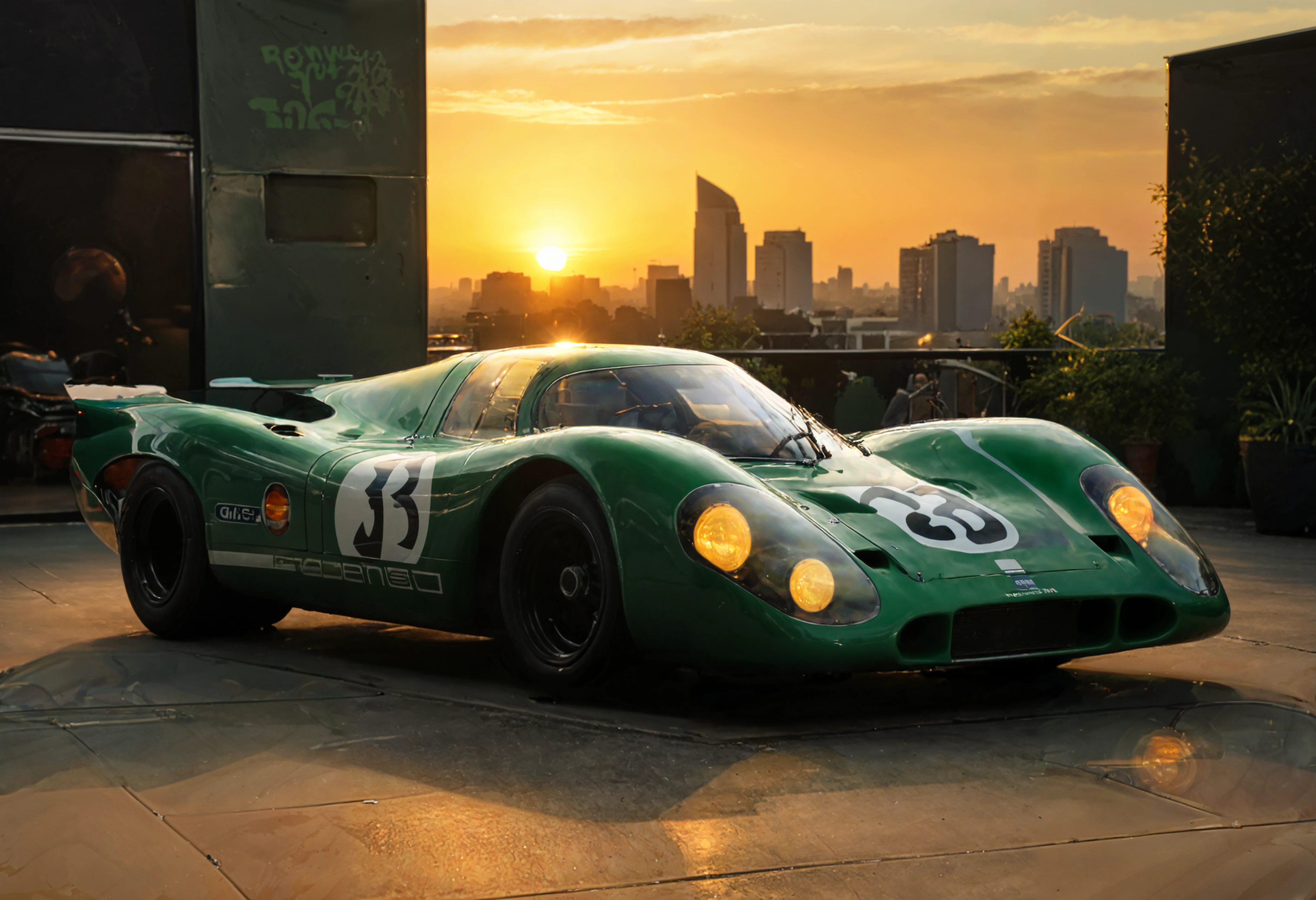 a photograph of a sports car, p0rsche9l7xl,     Golden Hour: A warm and soft light that occurs during sunrise or sunset, casting long shadows and creating a dreamy atmosphere., Racing Green,  side view , A rooftop garden with city lights as a backdrop., dark, low-key,   low color saturation, concept art, perfect composition, masterpiece, professional photography, zeiss lens, shot on dslr 64 megapixels, sharp focus, intricately detailed, dramatic, tilt shift, f/32,