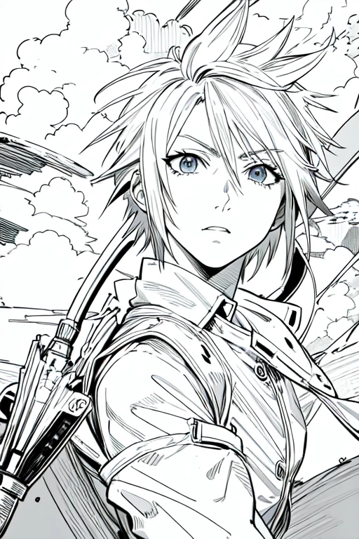 masterpiece, best quality, anime lineart, Cloud Strife