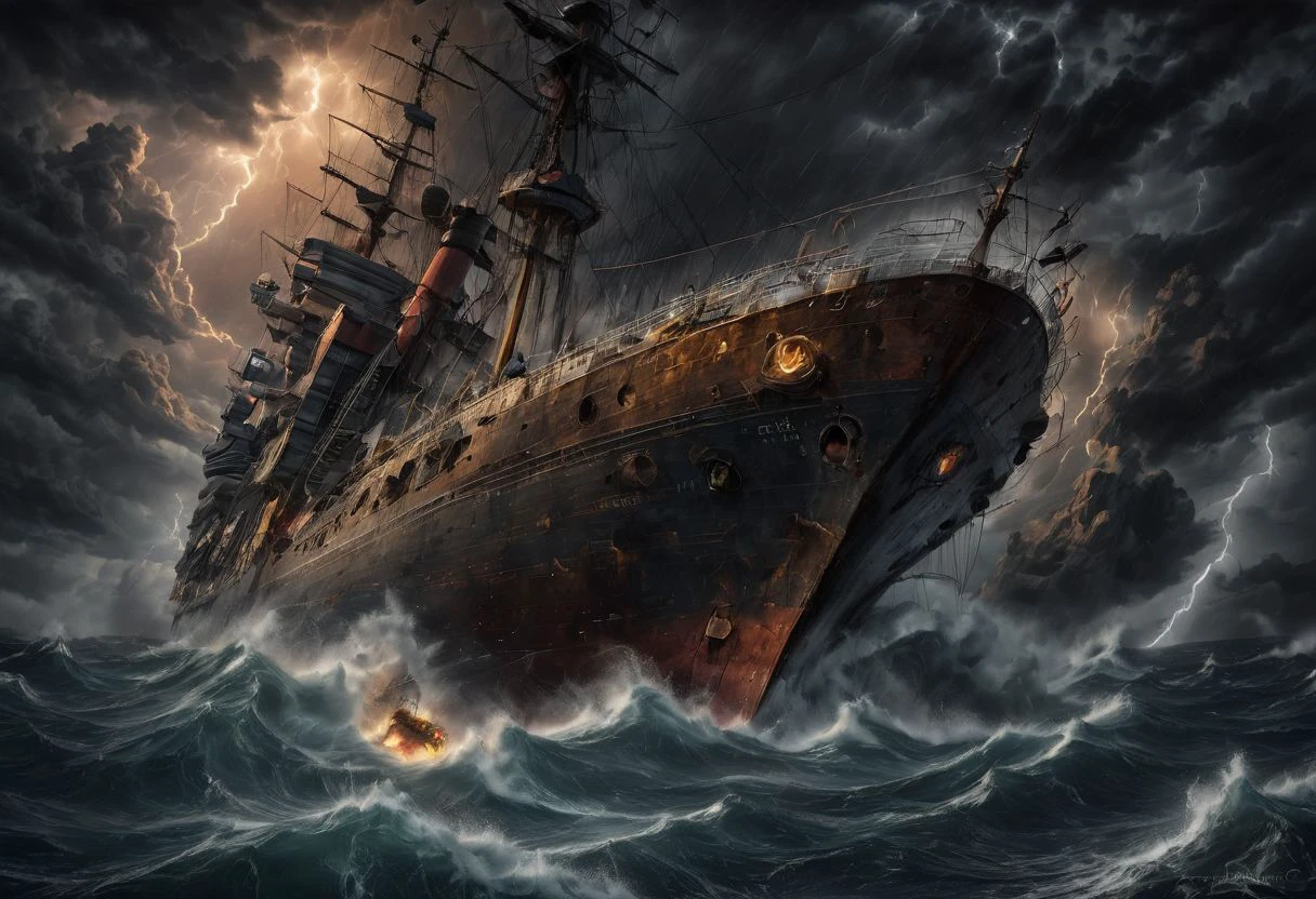 Generate an image depicting a dramatic storm at sea.
high resolution, size 16/9, ultra HD quality, HDR
Dramatic: The image should be visually stunning and convey the power and fury of the storm.
Suspense: The image should create a sense of tension and danger, showing the ship's crew struggling to stay afloat.
Detail: The image should be detailed enough to see the waves, the ship, the crew, and other elements of the storm.
Realism: The image should be realistic and reflect the true appearance of the storm at sea. Fear in the eyes of the captain
Colors: The image can use dark and dramatic colors to emphasize the tension of the situation.
Lighting: The image can use flashes and other lighting effects to add drama.
emphasis on the ship's crew after exactly the captain
Image of ((ship's crew struggling to save the ship from the storm))
styles, for example:
Realistic, funny