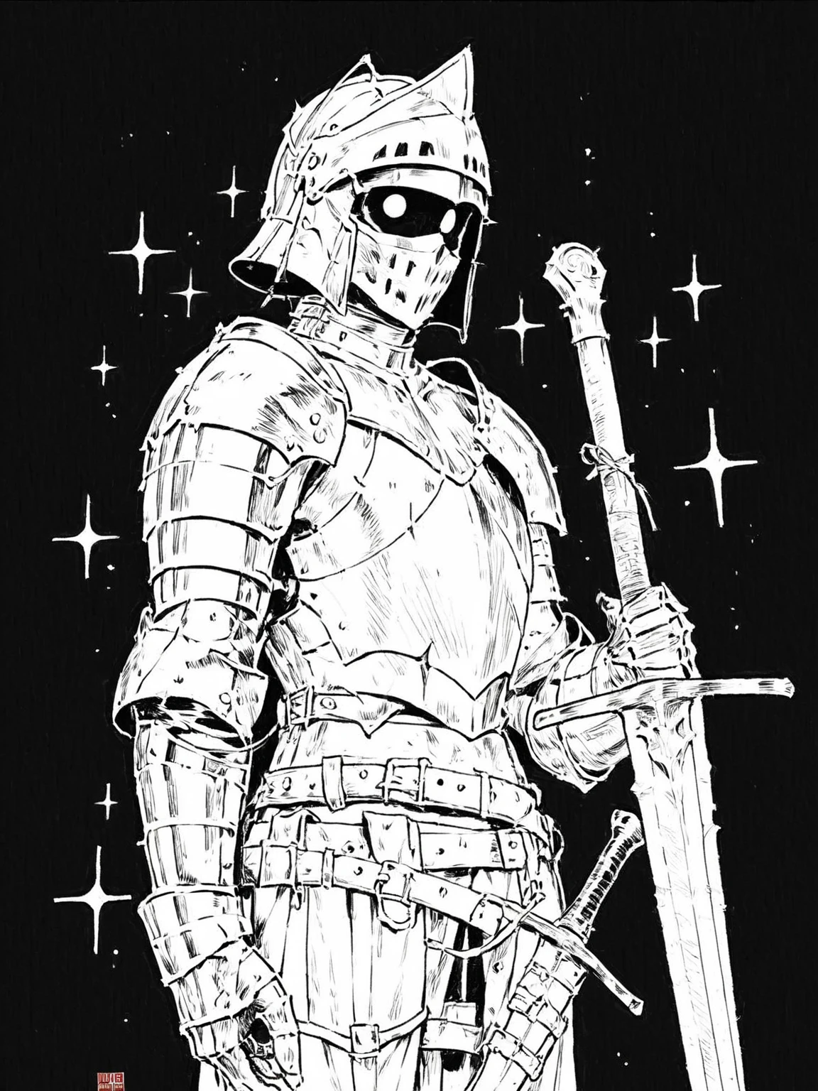 1other ambiguous_gender armor breastplate cowboy_shot dark_knight full_armor gauntlets greatsword greyscale helm helmet holding holding_sword holding_weapon knight monochrome pauldrons shoulder_armor shoulder_belt standing sword weapon white_background, <lora:MUZHUR:0.8>, score_8_up, score_7_up, monochrome, greyscale, traditional media