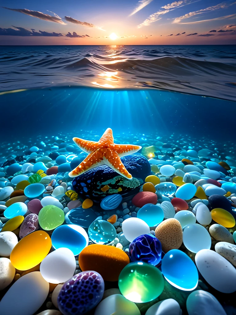 underwater illumination, deep water, ocean, sea, multicolored glass pebbles, transparent, glowing, reflection, fish, sky, sun, pentagram-shpae gem, <lora:glasspebblesunderwater_sdxl:0.8>