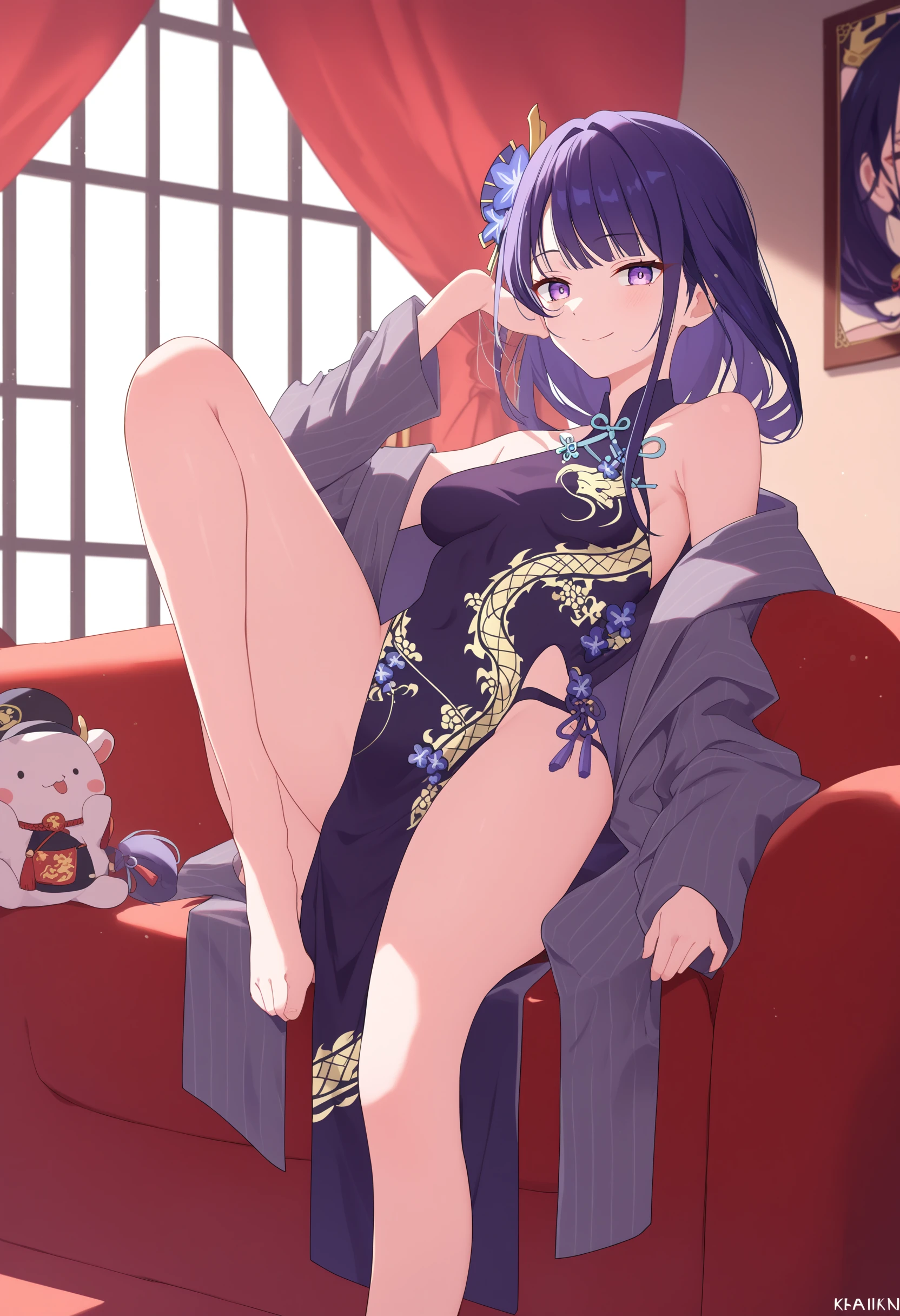 score_9, score_8_up, score_7_up, source_anime,
BREAK
1girl, solo,  raiden shogun,  <lora:kisakiOutfit:0.8>, kisakioutfit, china dress, chinese clothes, pelvic curtain, looking at viewer, smile,  grey jacket, off shoulder, bare shoulders,