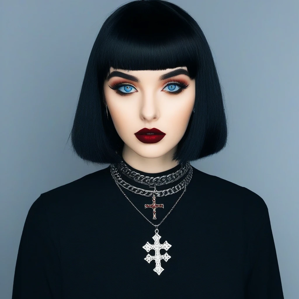 1girl, bangs, black hair, blunt bangs, bob cut, chain, chain necklace, collar, choker, cross earrings, earrings, big hoop earrings, jewelry, looking at viewer, necklace, cross necklace, pendant, blue eyes, red lips, shoulder length hair, simple background, solo, portrait, photo portrait, goth, gothic style, <lora:Alt4One_10:1>