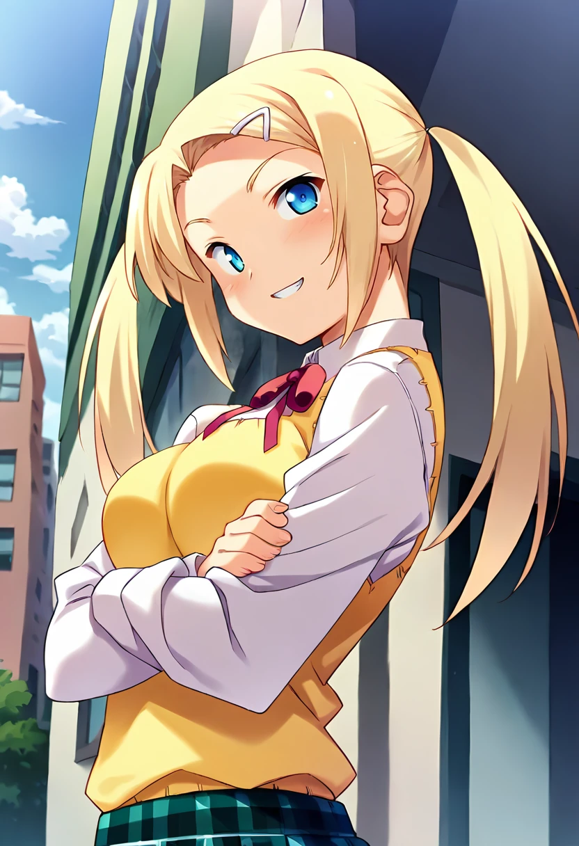 score_9, score_8_up, score_7_up, masterpiece, source_anime, 1girl, ct_yuzu, blonde hair, twintails, long hair, white hairclip, white collared shirt, long sleeves, yellow sweater vest, red neck ribbon, plaid skirt, outdoors, city, depth of field, looking at viewer, facing viewer, medium breasts, smile, crossed arms, from below, shiny skin, <lora:HoshikawaYuzuha_Pony_ct_ver2:1>