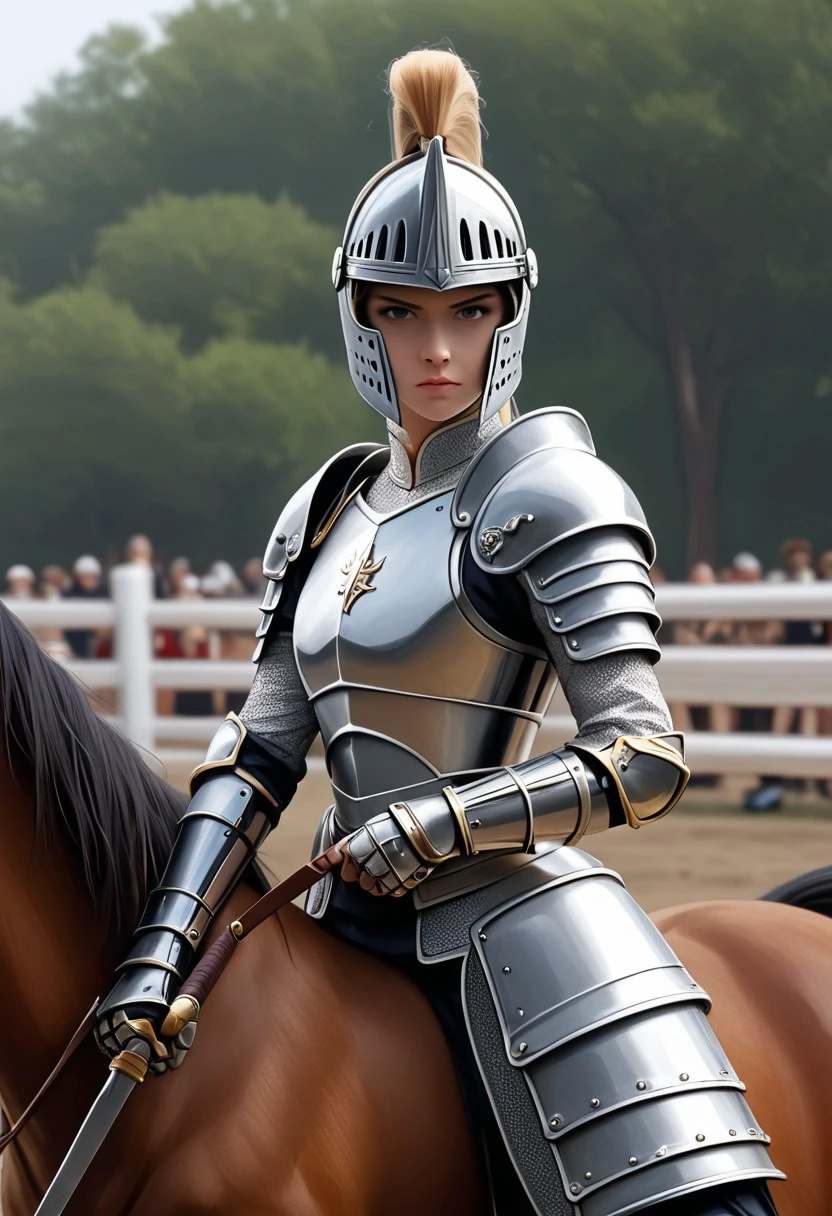 super realistic image with ultra high quality and correct anatomy of a sexy female warrior in various dynamic poses, photo realism, with sharpness in focus, clean and anatomically correct face and limbs, light armor, fighting position from the side facing the viewer,
Mounted on horse, weapon