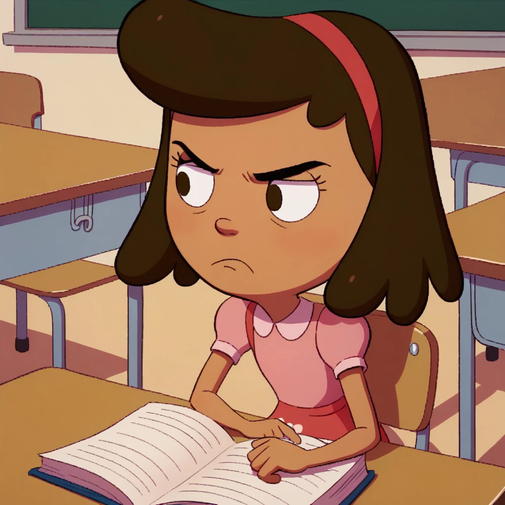 score_9, score_8_up, score_7, BREAK, phoebe_kvk, short hair, brown hair, hairband, dark skin, dress, frown, classroom, sitting, books