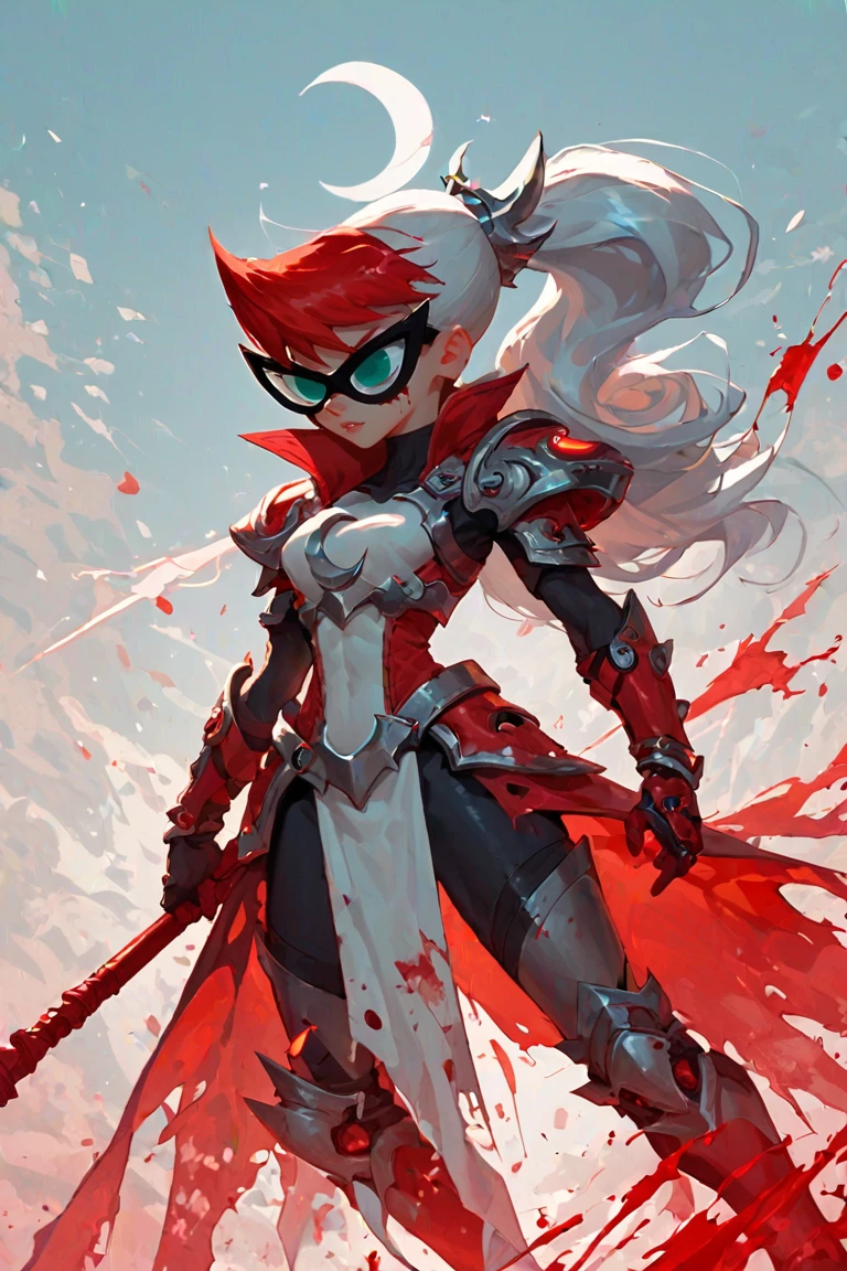 score_9, score_8_up, score_7_up, score_cartoon
break,
Mary_Test, red hair,aqua eyes, glasses, long hair, ponytail, mask, crescent 
break
 holds an oversized magic spear with a long stylized red blade, blood splattered and dripping, spiked video game armor, long wild silver hair, glowing red eyes, slender slender in lean toned form, very muscular. Break In the background is a battlefield with tanks