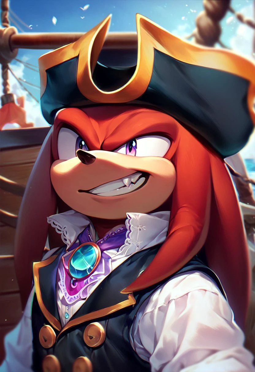 score_9, score_8_up, score_7_up, score_6_up, Knuckles the Dread, pirate hat, teeth, black vest, white shirt, purple cravat, pirate, ship, gem shards, solo, male focused, rim light