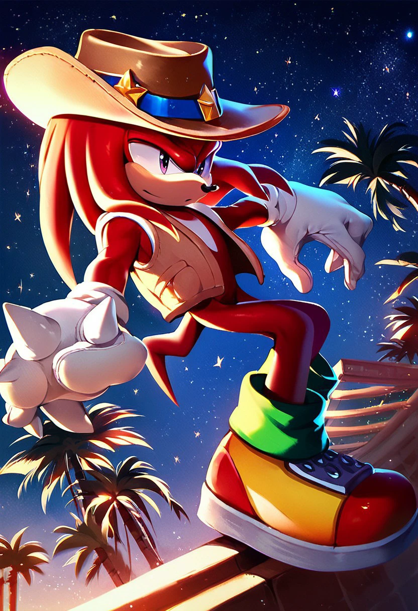 score_9, score_8_up, score_7_up, score_6_up, solo, male,  knuckles the echidna, gloves, shoes, cowboy hat, palm trees, open vest, starry sky, night, rim light, ambient light