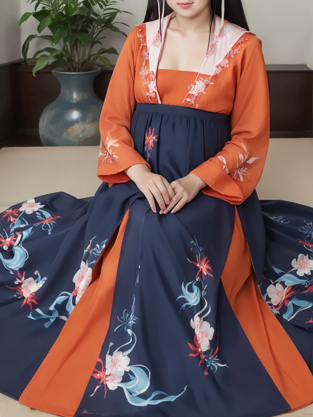 Chiffon blouse, Print, Ruffles, best quality, masterpiece, long hair, small breasts, <lora:Ð¿Ð»Ð°ÑÑÑ:0.8>, (Hanfu_dress:1.2)