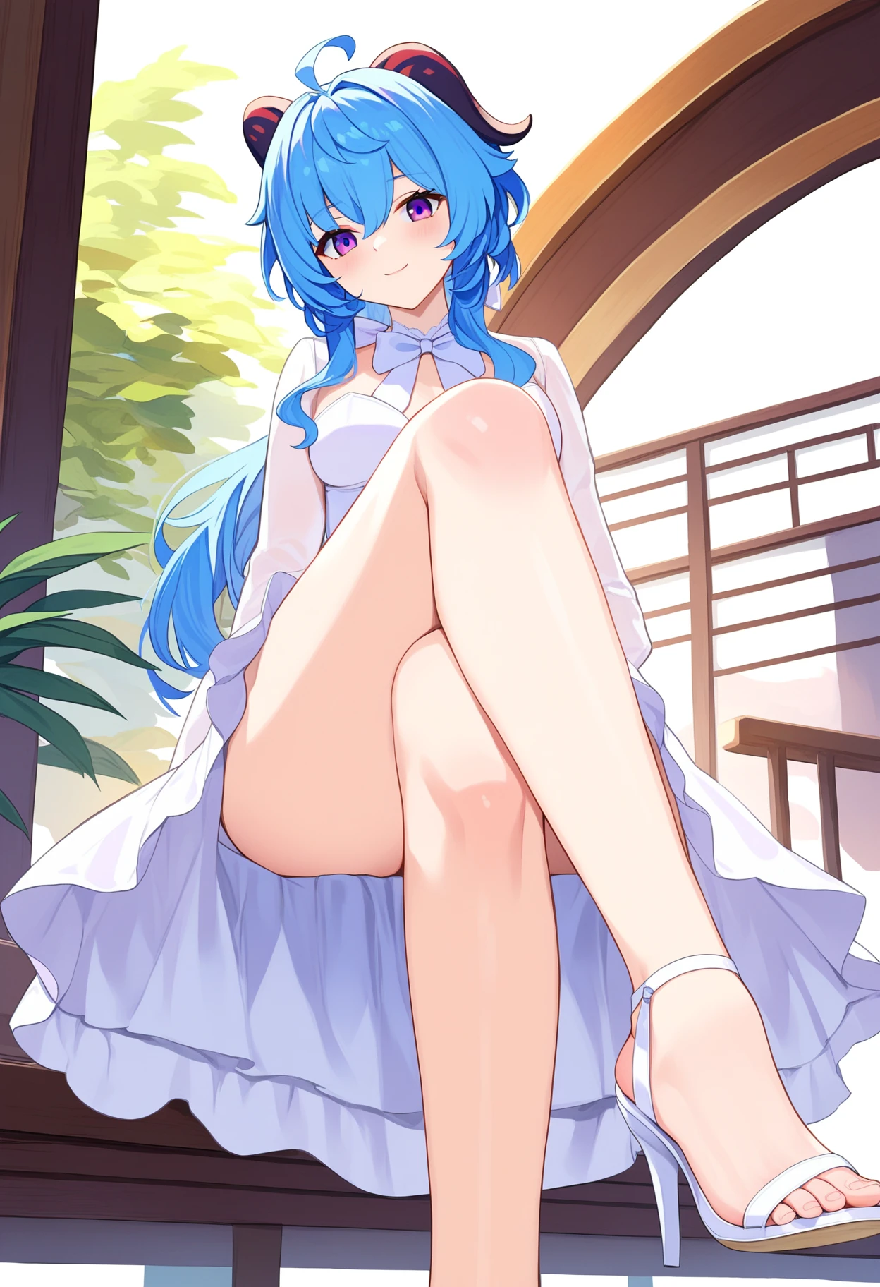 score_9, score_8_up, score_7_up, rating_explicit, source_anime,
BREAK
1girl, solo,  sitting, crossed legs, leg up,  foot focus, 
<lora:shiGanyu-000009:0.9>, GANANIM, long hair, bangs, horns, blue hair, purple eyes, ahoge,  alternate costume, white dress, bangs, medium breasts, white footwear, see-through, white jacket, thighs, foreshortening, bare legs, sandals, high heels, white bowtie, frills, feet, toes, 
looking at viewer, smile,