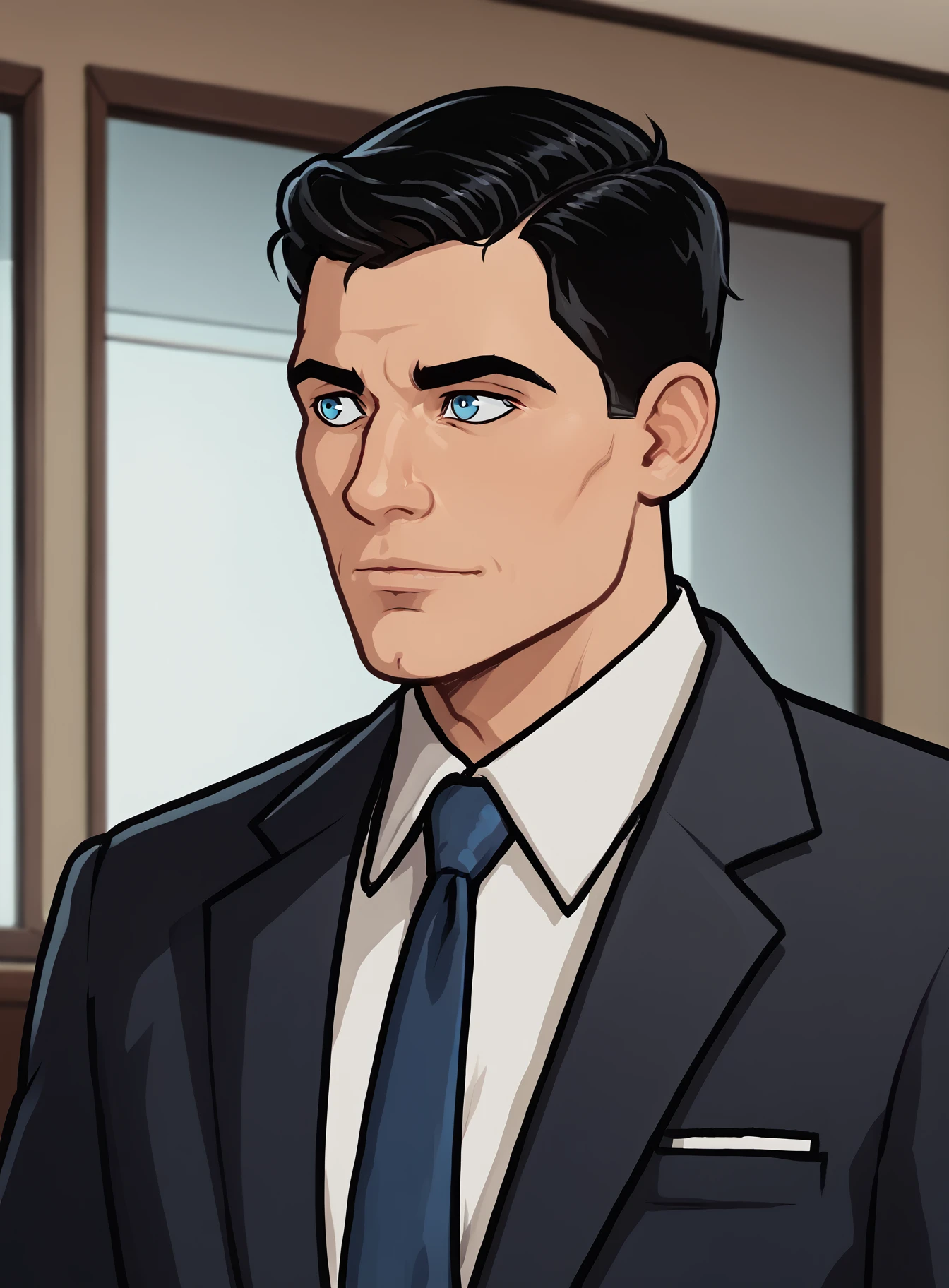 Sterling Archer, 1boy, necktie, male focus, solo, suit, blue necktie, black hair, indoors, upper body, short hair, collared shirt, blue eyes <lora:SterlingArcherPony1.0:0.65>  , score_9, score_8_up, score_7_up, score_6_up, score_5_up, score_4_up