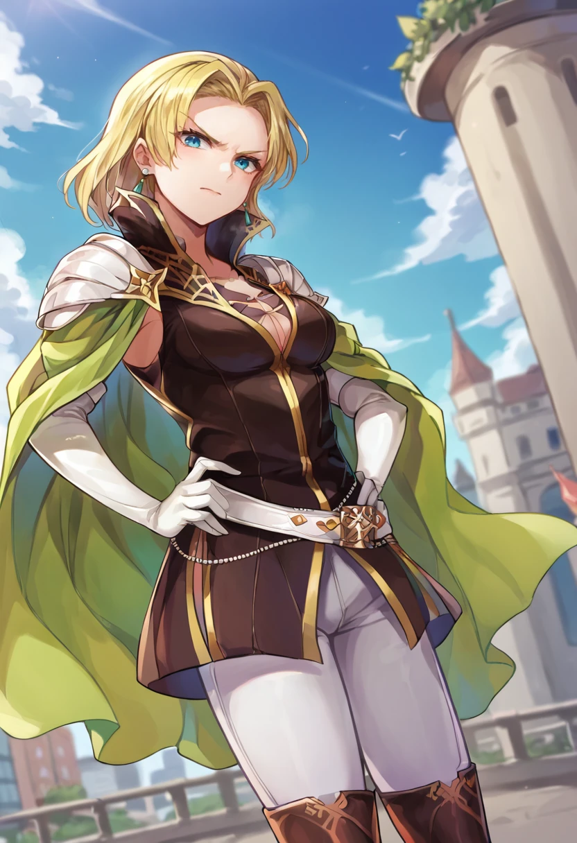 score_9, score_8_up, score_7_up, masterpiece, source_anime, 1girl, ct_lena, blonde hair, medium hair, medium breasts, blue eyes, green earrings, brown sleeveless shirt, green cape, shoulder armor, cleavage, elbow gloves, white belt, white pants, brown thigh boots, outdoors, city, depth of field, from below, looking at viewer, v-shaped eyebrows, hand on hip, facing viewer, <lora:Selena_Pony_ct_ver3:1>