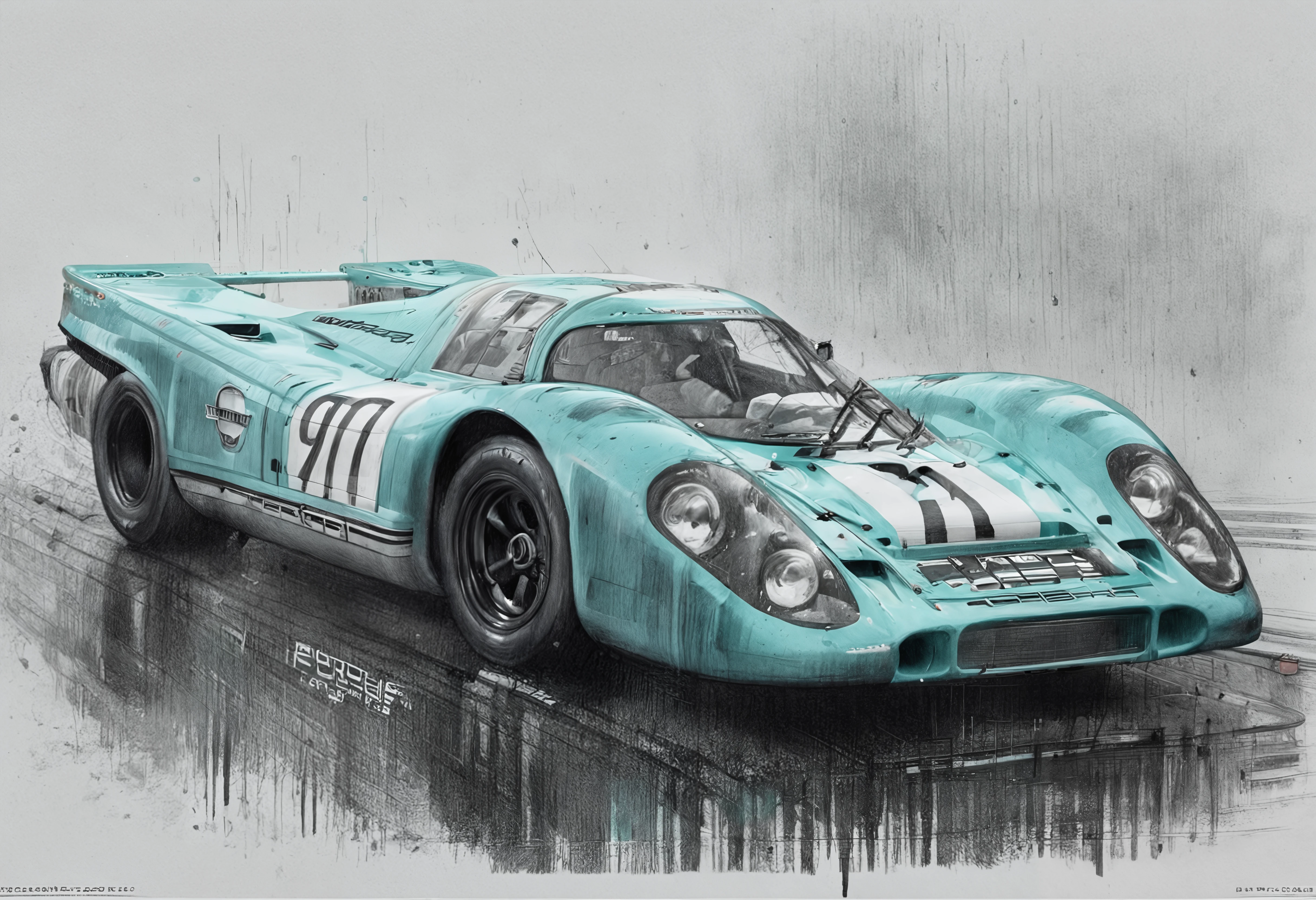 a PEPencilDrawing pencil drawing of a porsche 917, p0rsche9l7xl,     Florence, Italy: Renaissance art and timeless charm. in heavy rain, (splashes:1.5) mist fog, speed, action, dynamic, motion blur, car number = "1", (driver inside car, pilot, helmet:1.0), Teal Blue,  side view , high view , dark, low-key,   low color saturation, concept art, perfect composition, masterpiece, professional photography, zeiss lens, shot on dslr 64 megapixels, sharp focus, intricately detailed, dramatic, tilt shift, f/32,