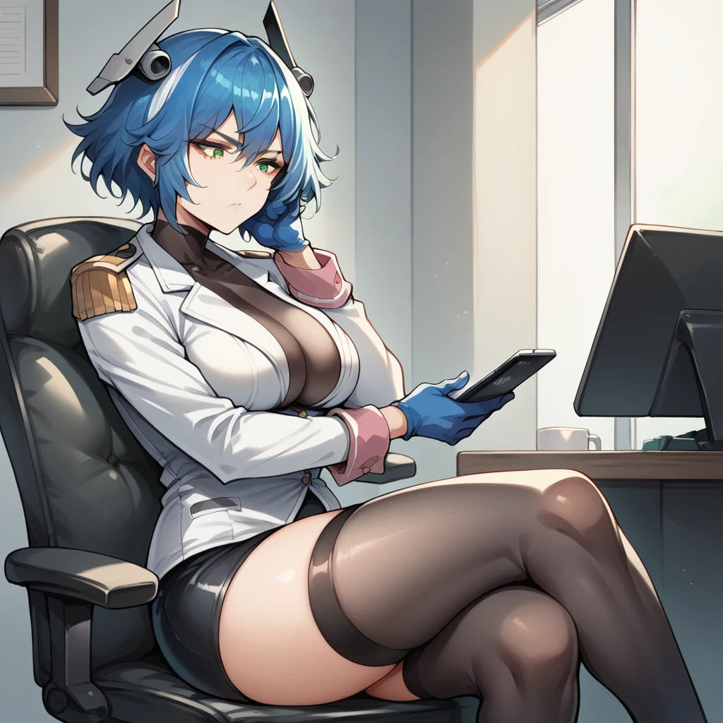 score_9_up, score_8_up, score_7_up, source_anime, 1girl, solo, masterpiece, best quality, Sandgirl1, sitting on office chair, crossed legs, from side, head rest, holding ipad, looking down at ipad, bored, perfect eyes, green eyes, short hair, blue hair, white hair, streaked hair, headgear, white jacket, black thighhighs, blue gloves, covered breasts, covered collarbone, black skirt, microskirt, long sleeves, bodystocking, bodystocking under clothes, pink wrist cuffs, epaulettes, mature body, dynamic cowboy shot, indoors, military office background, 