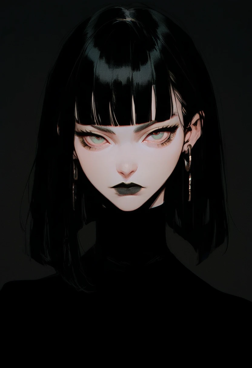 score_9, score_8_up, score_7_up, score_6_up, gthan, 1girl, solo, black hair, black lips, bangs, jewelry, earrings, looking at viewer, makeup, blunt bangs, closed mouth, black background, portrait, lipstick, turtleneck, medium hair, simple background, long hair