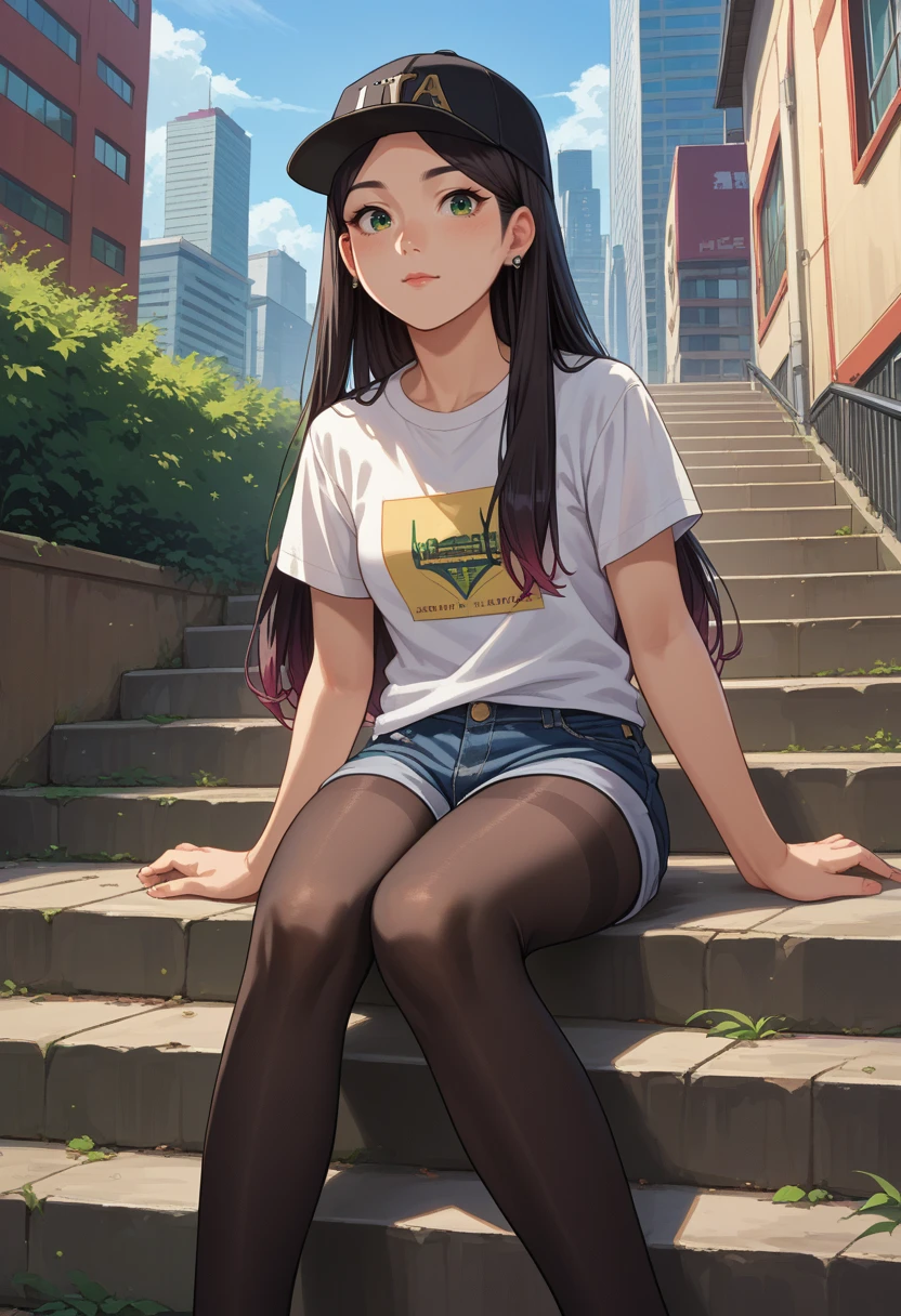 score_9, score_8_up, source_anime, 1girl, solo, Claudia, black hair, gradient hair, long hair, green eyes, earrings, baseball cap, t-shirt, denim shorts, pantyhose under shorts, sitting, stairs, outdoors, city, <lora:ChamClaudiaPonyXL:1>