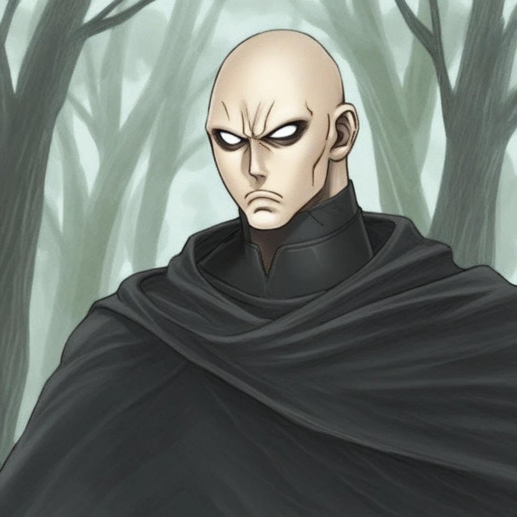 darth bane,  starwars, male focus, solo, 1boy, bald, cape, no pupils, upper body, tree, anime coloring, portrait