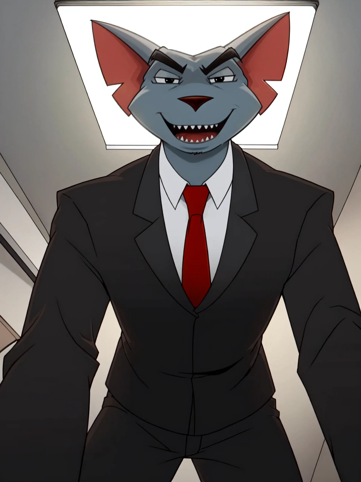 this photograph depicts garytherat from below looking down at the viewer with contempt, garytherat, worm's-eye view, looking down at viewer, rodent:1.2,rat:1.2, anthro, detailed fur,suit, necktie, pants, male,solo, simple eyes,  squinting,annoyed, talking to viewer, open mouth, teeth,tongue, cinematic lighting, anatomically correct, symmetrical,4k,hi res,insanely detailed, ultra realism shading,natural light,inside, ceiling light, <lora:garytherat_YM:0.9>, digital media (artwork), by inumania, by spiritd, by bambii dog