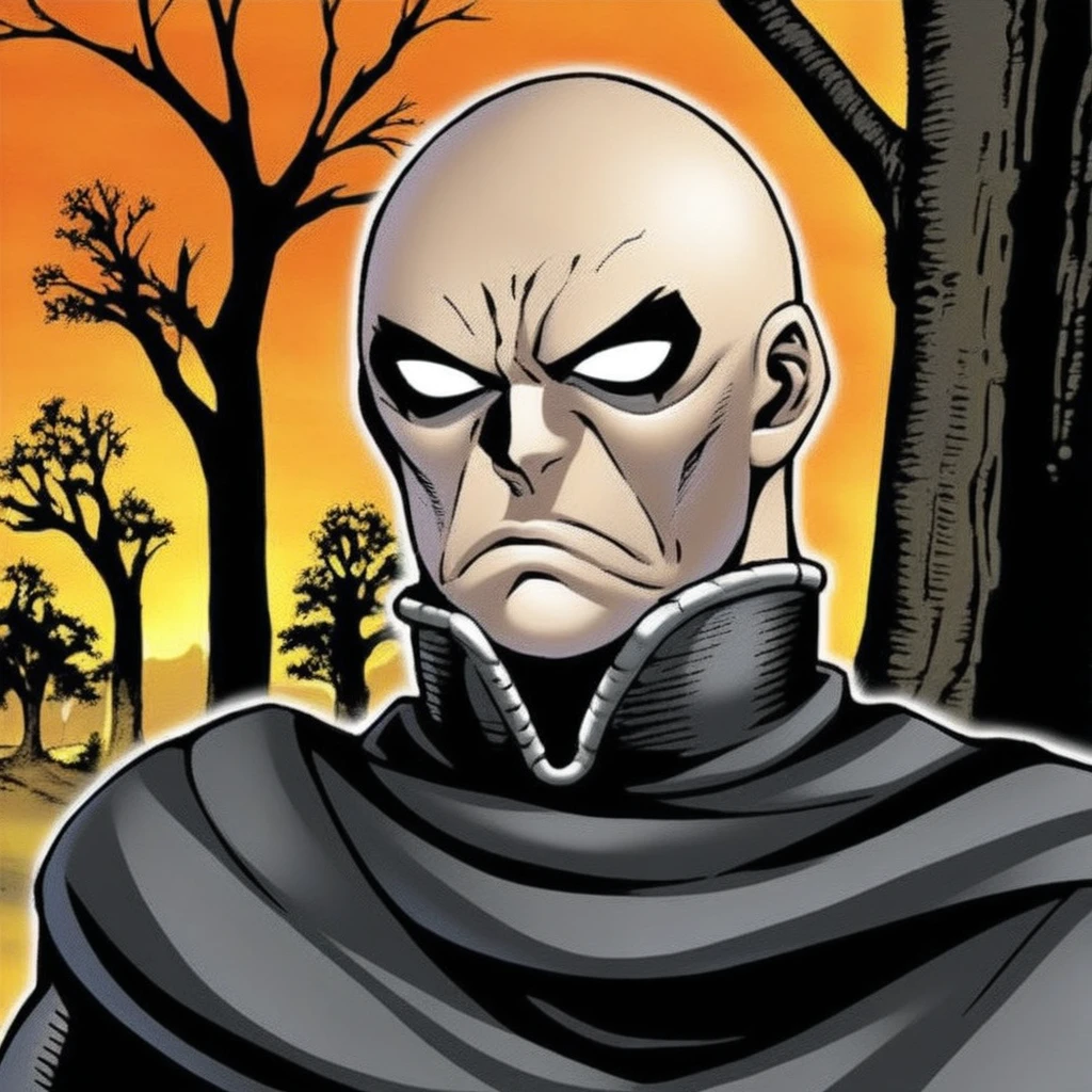 darth bane,  starwars, male focus, solo, 1boy, bald, cape, no pupils, upper body, tree, anime coloring, profile