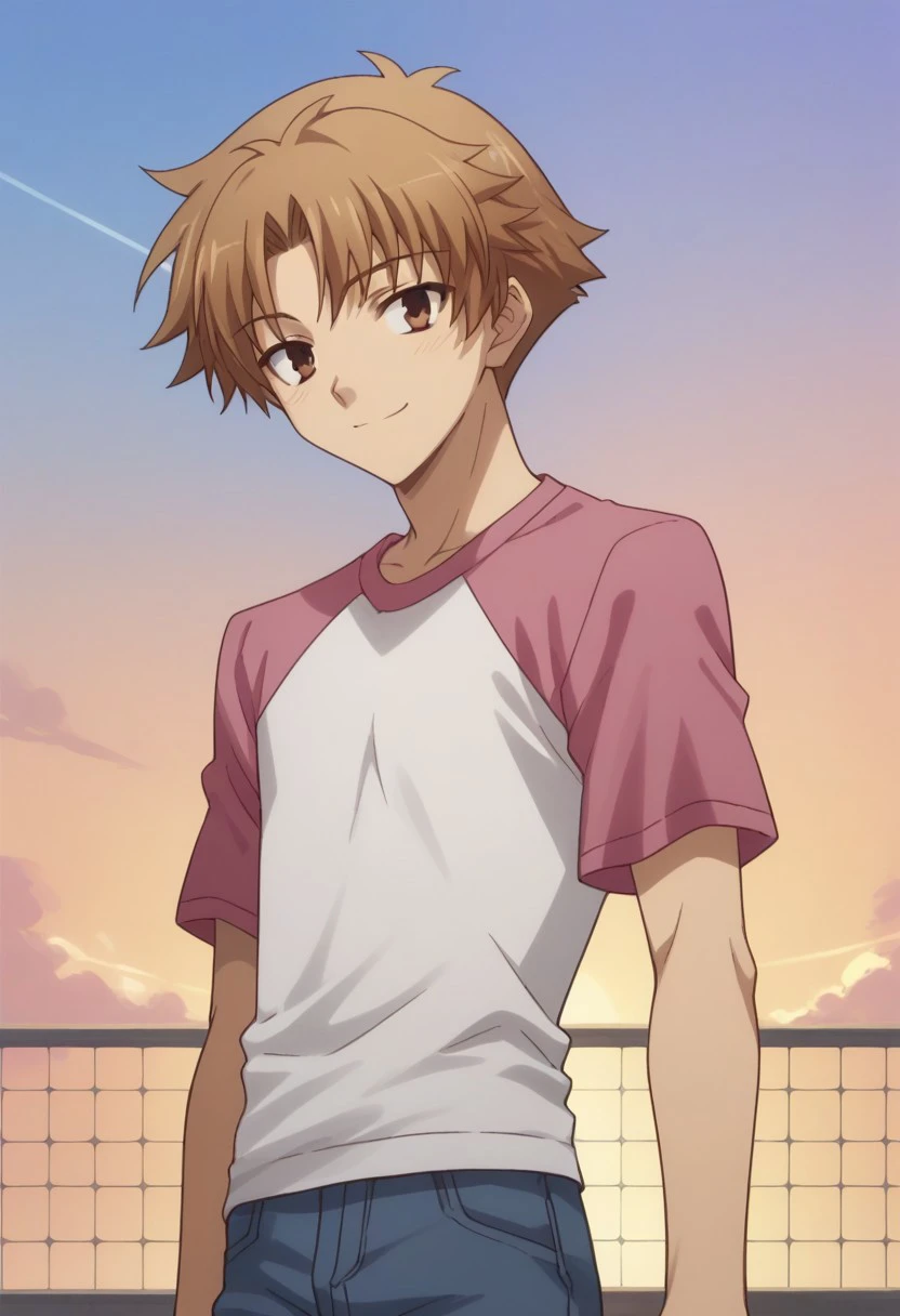 score_9, score_8_up, score_7_up, source_anime, highly detailed, 
akihisayoshi, 1boy, male focus, brown eyes, solo, brown hair, smile, shirt, raglan sleeves, short sleeves, pants, upper body
outdoor, sky, sun