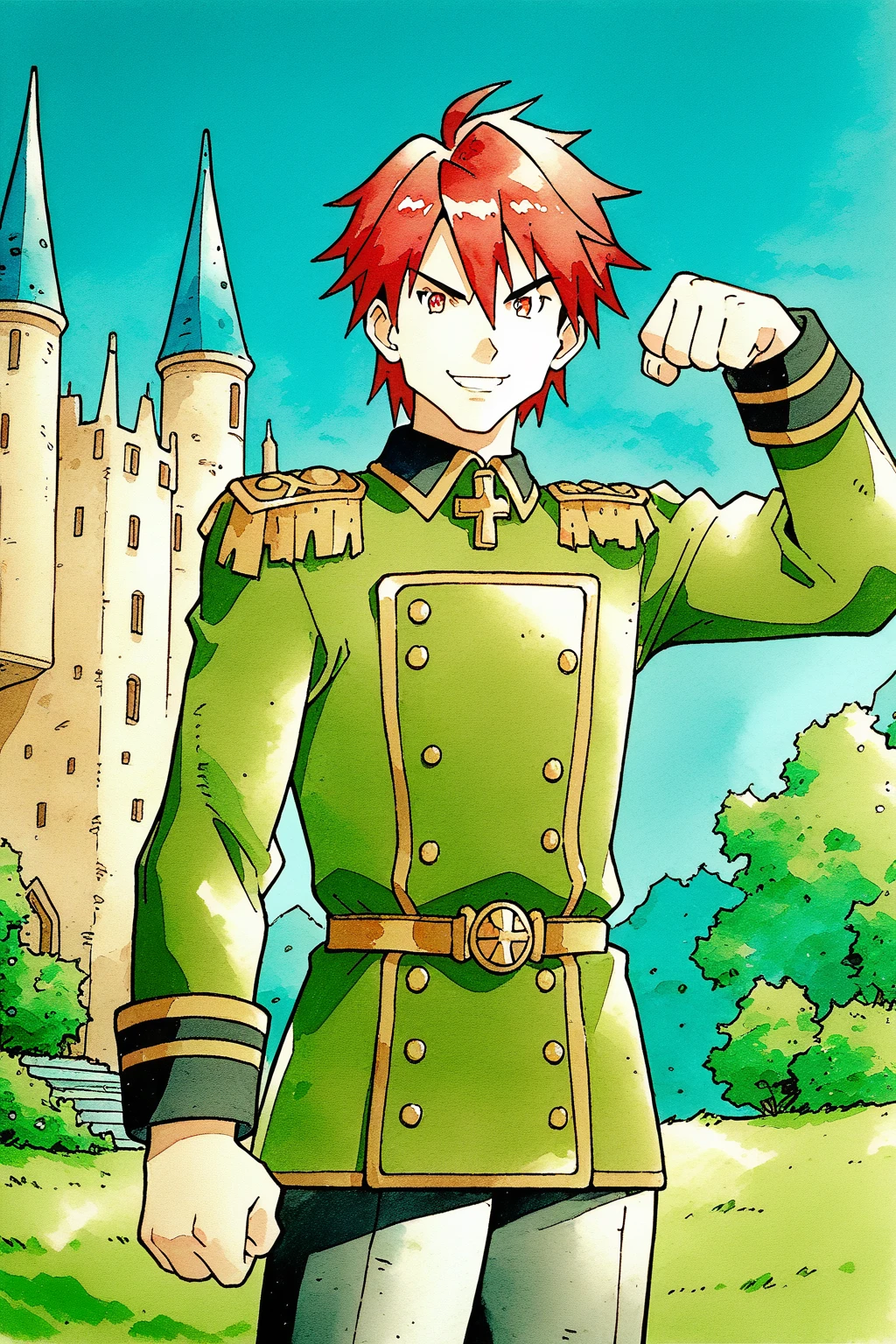 (score_9, score_8_up:1.1), score_7_up,halbert magna, 1boy, red hair, solo, red eyes, green military uniform, smirk, looking at viewer, black pants, toned body, flexing, castle gates, outdoors, cowboy shot, traditional media, watercolor (medium)