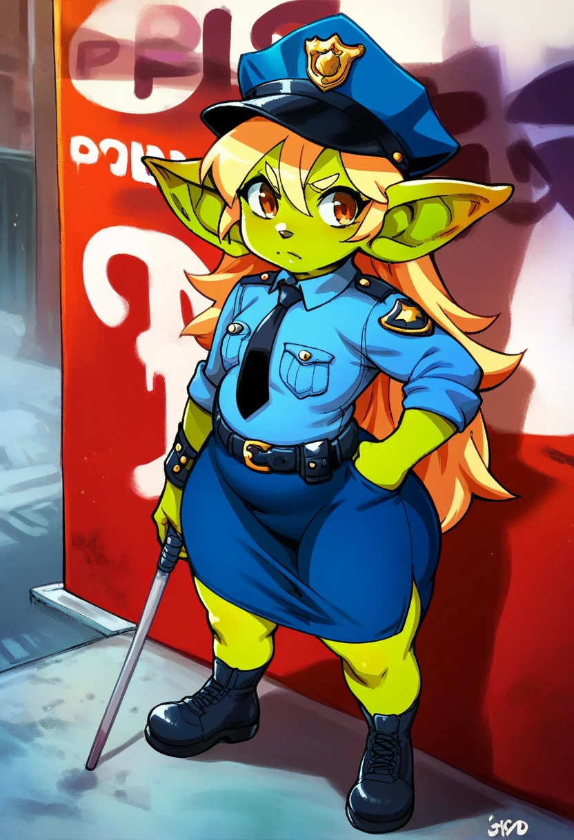 1girl, anthro,  <lora:Tojyo style v1.0:1> aku tojyo, colored picture, drawing, flat color, green body, goblin, goblin girl, short stack, short woman, uniform shoes,police telescopic baton, black police stick, <lora:Perfect Hands:1> perfect, hands, perfect hands, blonde long hair, 1girl, solo, solo focus, female focus,, score_9, score_8_up, score_7_up, score_6_up, score_5_up, score_4_up, zPDXL,  score_9, score_8_up, score_7_up, score_6_up, score_5_up, score_4_up, monster girl, chubby, shortstack,short,small,fat,flat chest,thick hips, police uniform, blue jacket, sleeves rolled up, black necktie, blue skirt, pencil skirt, side slit, belt, , in street, urban city, populated city, shopping ads, advertissment, billboard in background, complex background