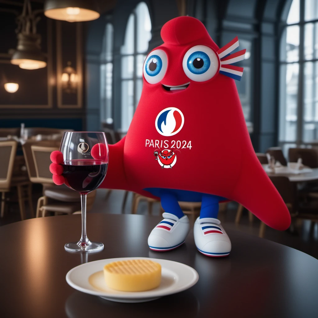 a non human red creature, blue eye, scared,  full body, shoes, text ''PARIS 2024'', olympics logo, eats cheese and drinks red wine in a café <lora:Phryges1024:0.8>