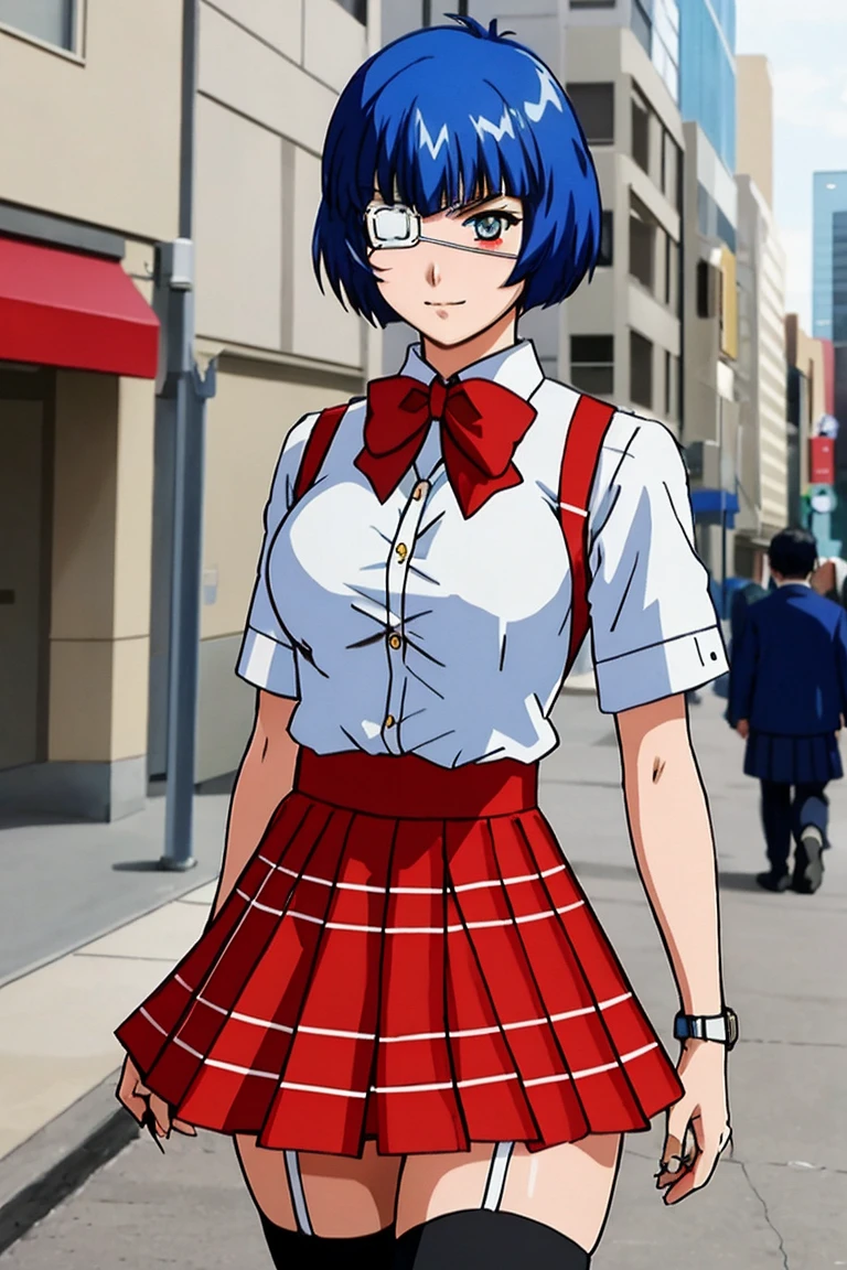 <lora:shimeiryomou-05:0.6>, ,((short hair, blue hair)), (slight smile),(eyepatch),, shimeiryomou, a photo of a woman, red plaid skirt, white shirt, yellow vest, red bow tie, thighhighs, walking, outdoors, city street, ((detailed eyes, detailed face))