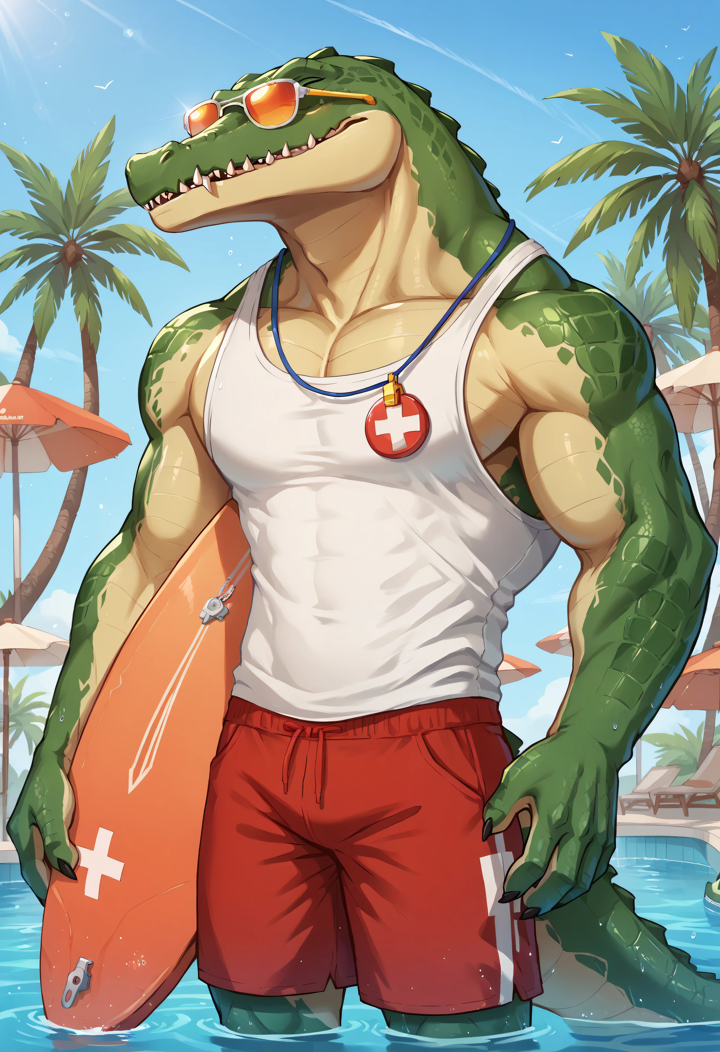 score_9, score_8_up, score_7_up, score_6_up, score_5_up, score_4_up, BREAK sollyz, by sollyz, renekton, crocodile, scales, sunglasses, whistle around neck, white tank top, plus symbol, lifeguard, holding surfboard, outdoors, poolside, solo, <lora:Renekton:0.25>,  <lora:SollyzStyle:0.8>