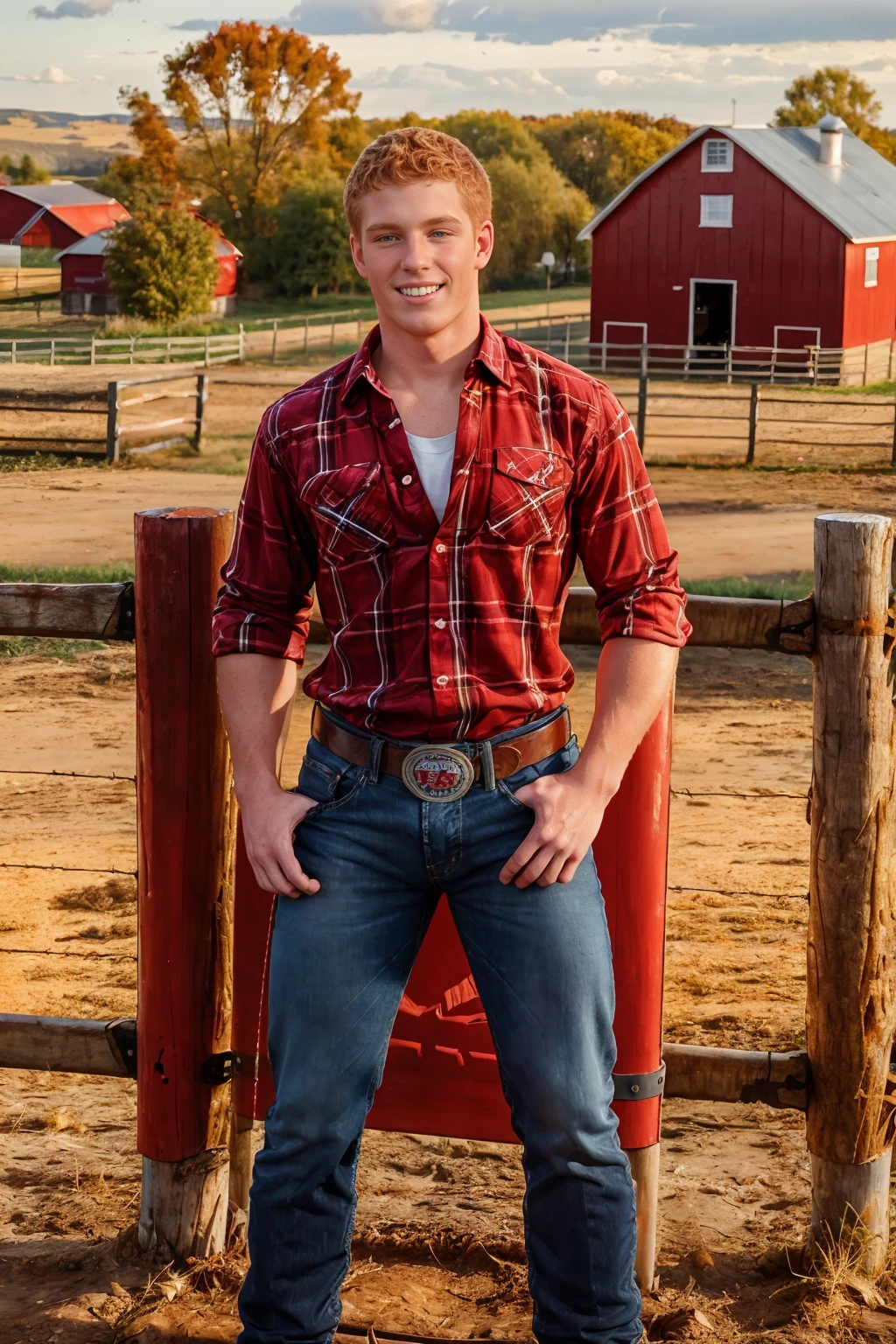 outdoors, golden hour, sitting on corral fence, red barn in the background, ginger hair, ConnorChesney, smiling, sexycowboy, (red plaid shirt), denim blue jeans, belt, silver belt buckle, (((full body portrait))), wide angle   <lora:ConnorChesney:0.8>  <lora:Clothing - Sexy Cowboy:0.45>