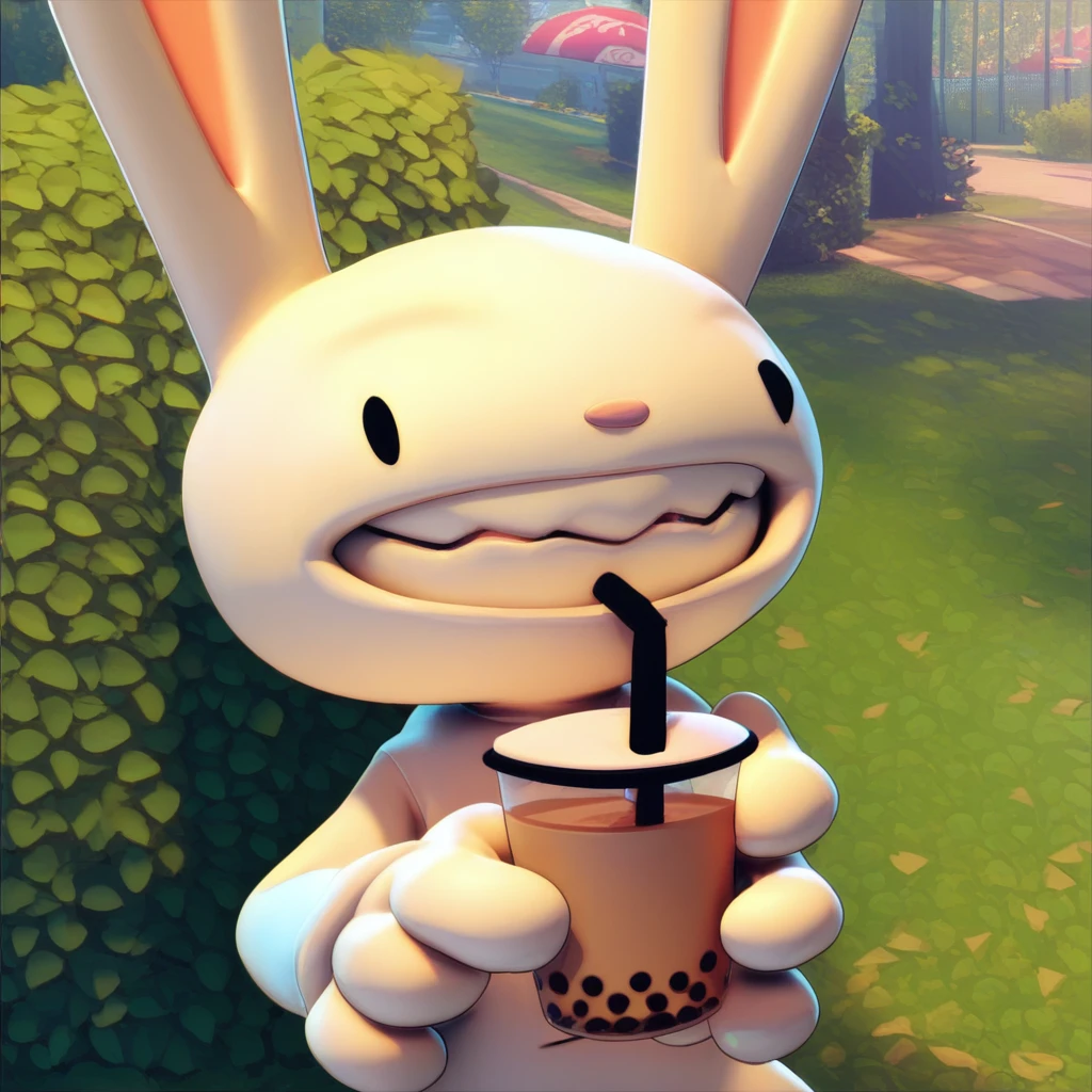 score_9 score_8_up score_7_up, max rabbit, holding, bubble tea, park