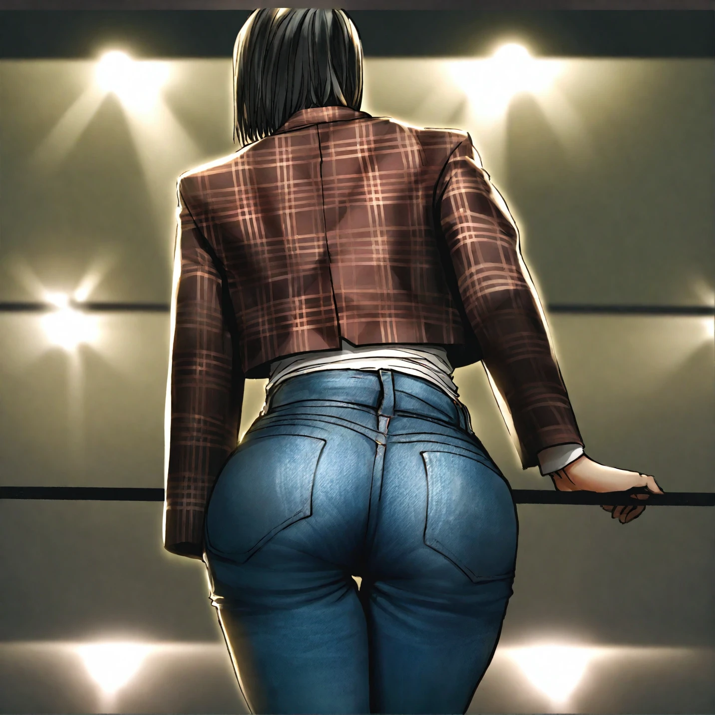 ((masterpiece, best quality)), ((34 year old)), (((Curvy))), (((Japanese woman with messy brown hair)), in blue short sleeve shirt over long sleeve grey shirt, ((white cotton panties)), (((Large Hips))), shocked expression, blushing, (((photo realistic))), ((80's film, 80's movie scene, 80's TV Style))