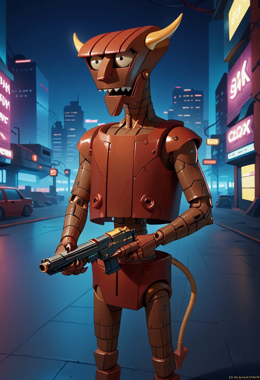 core_9, score_8_up, score_7_up, score_6_up, score_5_up, score_4_up, b33lz3b0t, robot, solo, 1boy, cyberpunk city background, night, holding, gun