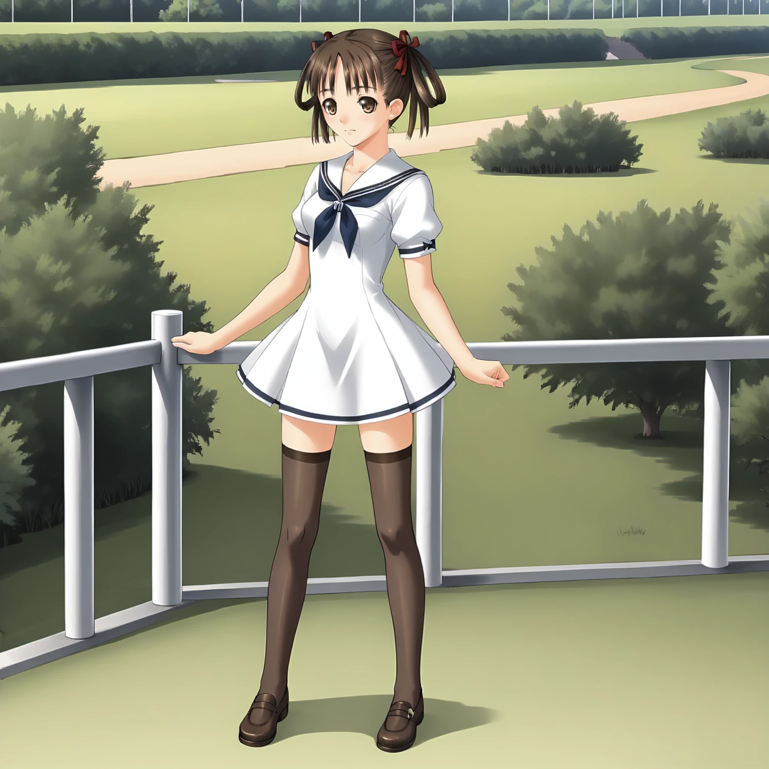 <lora:SnIMnI_NatsumeSorayamaXLpony003>,
solo,
NatsumeSorayama,1girl,brown hair,hairrings,hair ribbon,twintails,brown eyes,medium breasts,
white sailor color,white dress,short_sleeves,
black_thighhighs,
outdoors,
full body,standing,