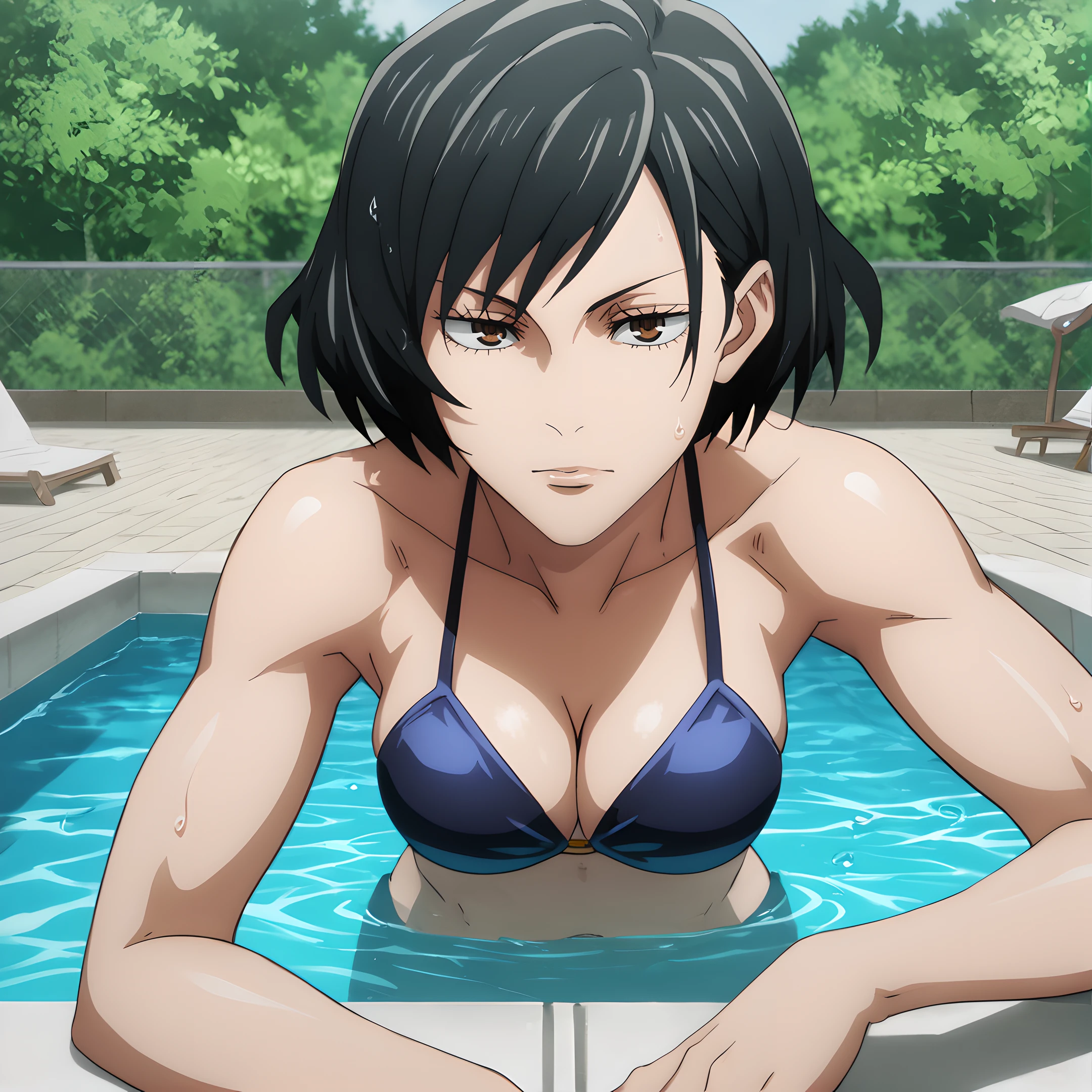 mai, solo, 1girl, short hair, black hair,dark brown eyes, <lora:Mai_Zenin_-_Jujutsu_Kaisen:0.85>
BREAK
level_9, level_8_up, level_7_up, level_6_up, level_5_up, source_anime, masterpiece 
BREAK
bikini, in the water, swimming pool, sunny day, outdoor, grass, spa, in the water, <lora:Jujutsu_Kaisen:0.7>,