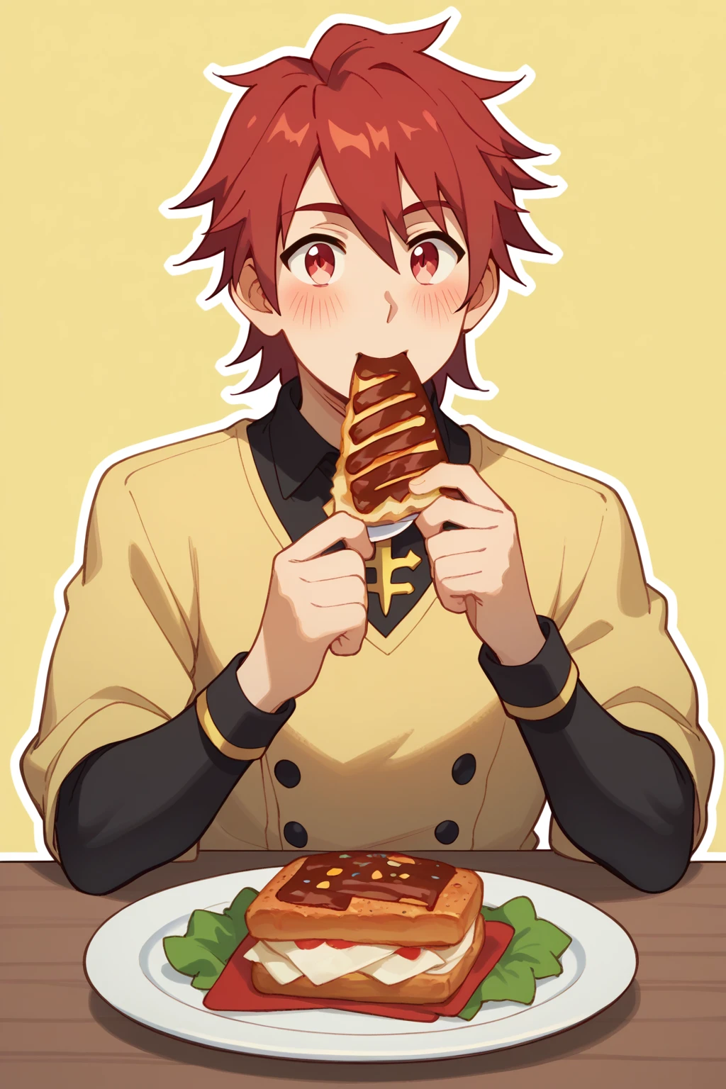 (score_9, score_8_up:1.1), score_7_up,halbert magna, man, red hair, solo, red eyes, (outline:1.1), eating, blush, full plate, pastel background, silly, cute