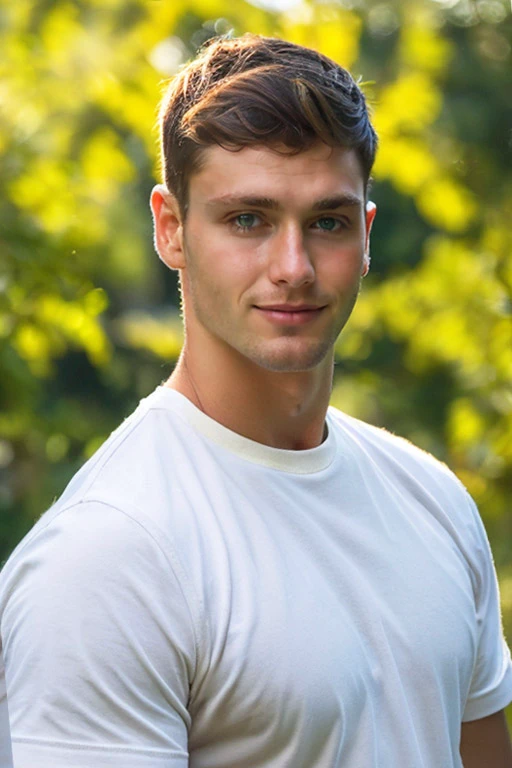 portrait, photograph of guy, upper body High resolution handsome guy, highly detailed, white t-shirt, (look at viewer) bokeh background, sunlight morning, sunburnt, detailed eyes, <lora:charleslaurent:0.8> charleslaurent (smirking:0.4),  <lora:add_detail:0.5>