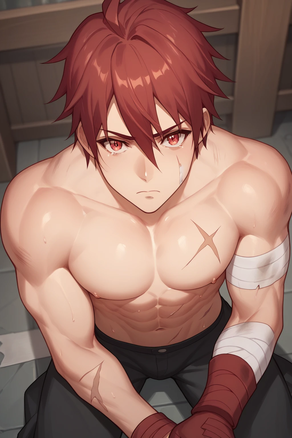 (score_9, score_8_up:1.1), score_7_up,halbert magna, 1boy, red hair, solo, red eyes, tall, toned body, shirtless, bandages, bruises, scars, beated up, looking at viewer, kneeling, bandages, sad, pov, from above