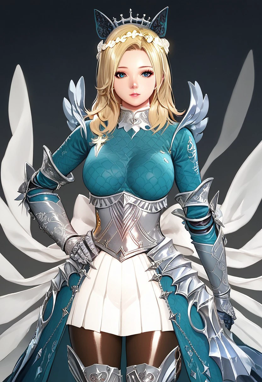 score_9,score_8_up,score_7_up, Expressiveh ,perfecteyes, source anime, beautiful eyes, shiny skin,  
delia_(mabinogi), delia_outfits_1, 1girl,  solo,  blonde hair, armor, blue eyes, armored dress, gauntlets, long hair, pantyhose,   hand on hip,  boots,  upper body,