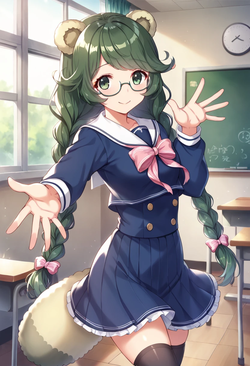 score_9,score_8_up,score_7_up,source_anime,masterpiece,best quality,game cg,1girl,solo,little_girl,pokoe_(show_by_rock!!),animal ears,green eyes,twin braids,glasses,long hair,green hair,raccoon tail,school uniform,blue shirt,blue skirt,sailor collar,long sleeves,pink bow,<lora:pokoeSB69:1>,dynamic_angle,smile,looking_at_viewer,classroom,black thighhighs,window,dusk,standing,reaching,arm_at_side,