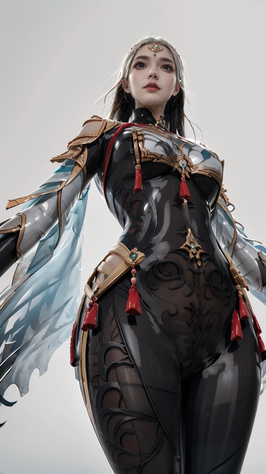 masterpiece,(bestquality),ultra-detailed,1girl,solo,detailed face,beatiful face,accessories,jewelry,shenhe outfit,bodysuit,see-through,shoulder armor,<lora:Shenhe outfit:0.8>,<lora:TA_trained:0.6>,long hair,white hair,cloud,from below,looking down,