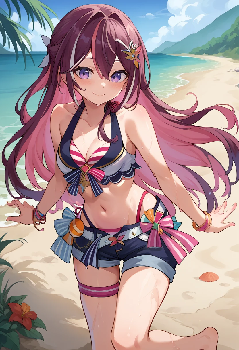 score_9, score_8_up, source_anime, 1girl, solo, AzkiSummer, multicolored hair, long hair, french braid, hair ornament, layered , pink , striped , bracelet, white belt,  shorts, thigh strap, outdoors, beach, wet, smile, blush, happy, <lora:ChamAZKiPonyXL:1>