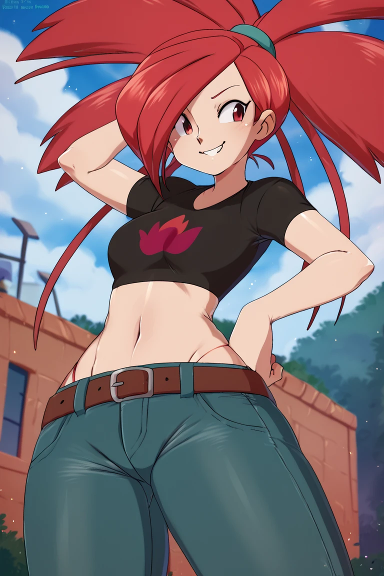 score_9, score_8_up, score_7_up, BREAK, 1girl, flannery, black shirt, crop top, belt, jeans, cowboy shot, by <merunyaa><lora:EMS-452840-EMS:1.000000>, <lora:EMS-322220-EMS:1.000000>