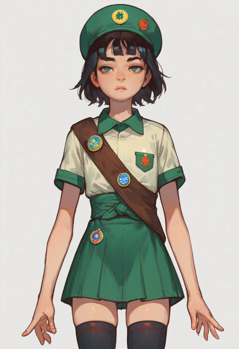 score_9, score_8_up, score_7_up, score_6_up, score_5_up, 1girl, solo, black hair, medium hair, bangs, flat chest, girl scout, badge hat, badge sash, green skirt, thighhighs