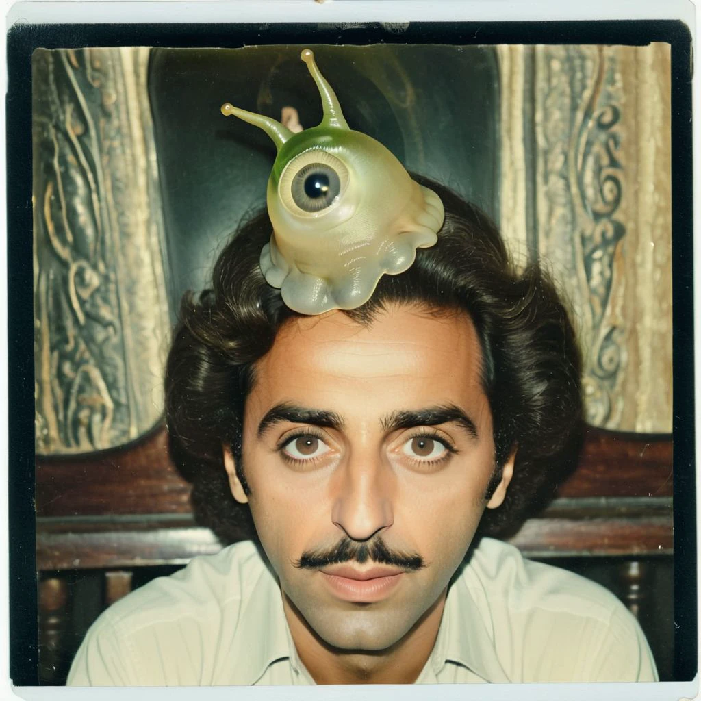 Faded Polaroid Photo, [ George Orwell | Emma Watson |  Judge Claude Frollo | Hassan Rouhani | Haile Selassie ]  ,  dumbfounded,
person wearing  (brainslug alien hat:1.4) on head, candid pose,   (cross-eyed:1.5), round iris, pleading face, perfect eyes,
[ Speakeasy | Mermaid's underwater kingdom | Haunted, ancient forest | Exotic travel destination  ], 
 <lora:BrainSlug_Alien_Hat_XL_V2.2:0.75>, analog, old faded photo, old polaroid