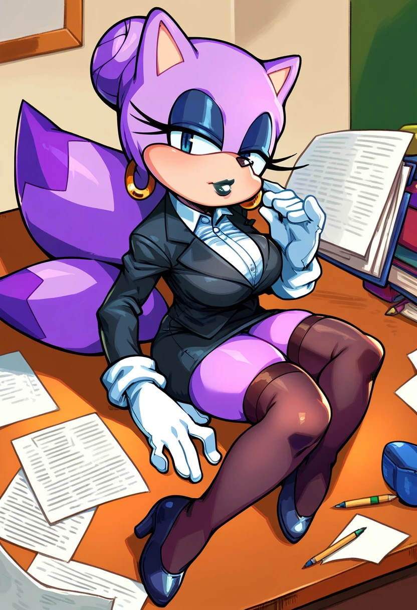 1girl, sega, anthro, furry,  <lora:Tojyo style v1.0:1> aku tojyo, colored picture, drawing, flat color, mature woman, milf, dark purple fur, white tails, several tails, black eyeshadow,  white gloves, high thighs, high heels shoes, sitting, next to desk, paperwork, short stack, short woman, dark lips, black lipstick, curvy, indoor, inside office, long hair, 1girl, solo, solo focus, female focus,, score_9, score_8_up, score_7_up, score_6_up, score_5_up, score_4_up, zPDXL,  score_9, score_8_up, score_7_up, score_6_up, score_5_up, score_4_up, hair bun, makeup, perfect eyes, perfect face, detailed face, hoop earrings, glasses, formal, office lady, suit, pencil skirt, thighhighs, high heels,