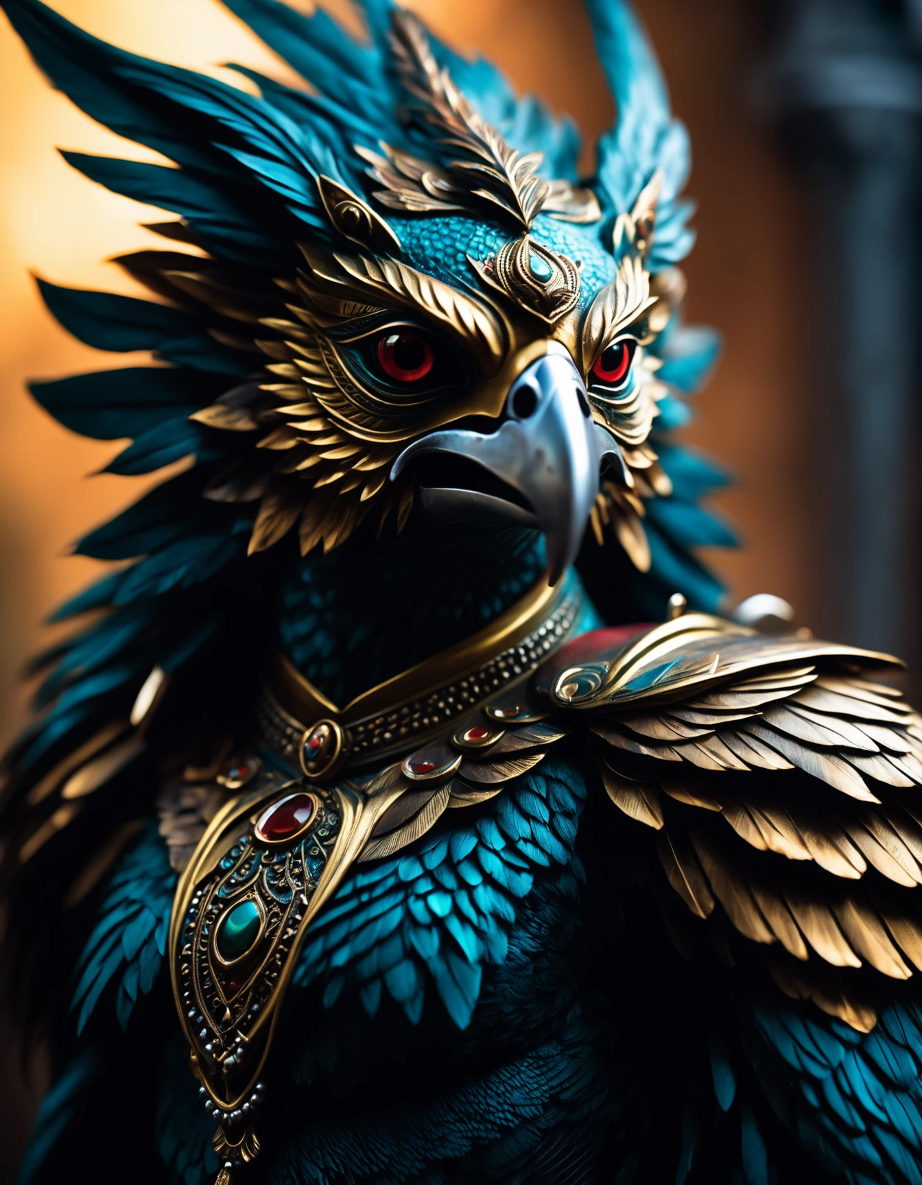 Realistic portrait photograph, fantasy style. Close-up of a Garuda (Hindu Bird Creature), anthropomorphic hybrid creature. Soft lighting creates a dramatic, moody ambiance. Detailed focus on their eyes. High-resolution image emphasizing texture.