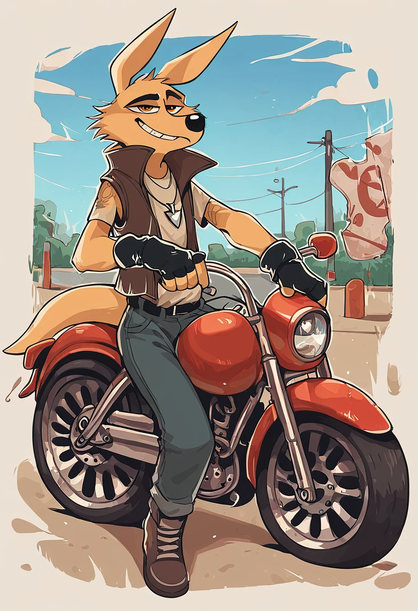 score_9, score_8_up, score_7_up, best quality, hires, male, solo, coyote, fingerless gloves, vest, ground vehicle, motorcycle, source_furry, full body, looking at viewer, smug, outside bar, <lora:Hank:1>